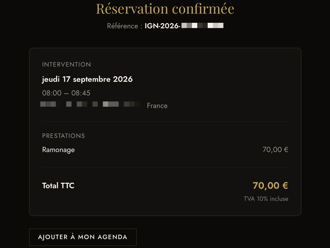 Réservation confirmée, avec le détail de la prestation et le total TTC réglé.