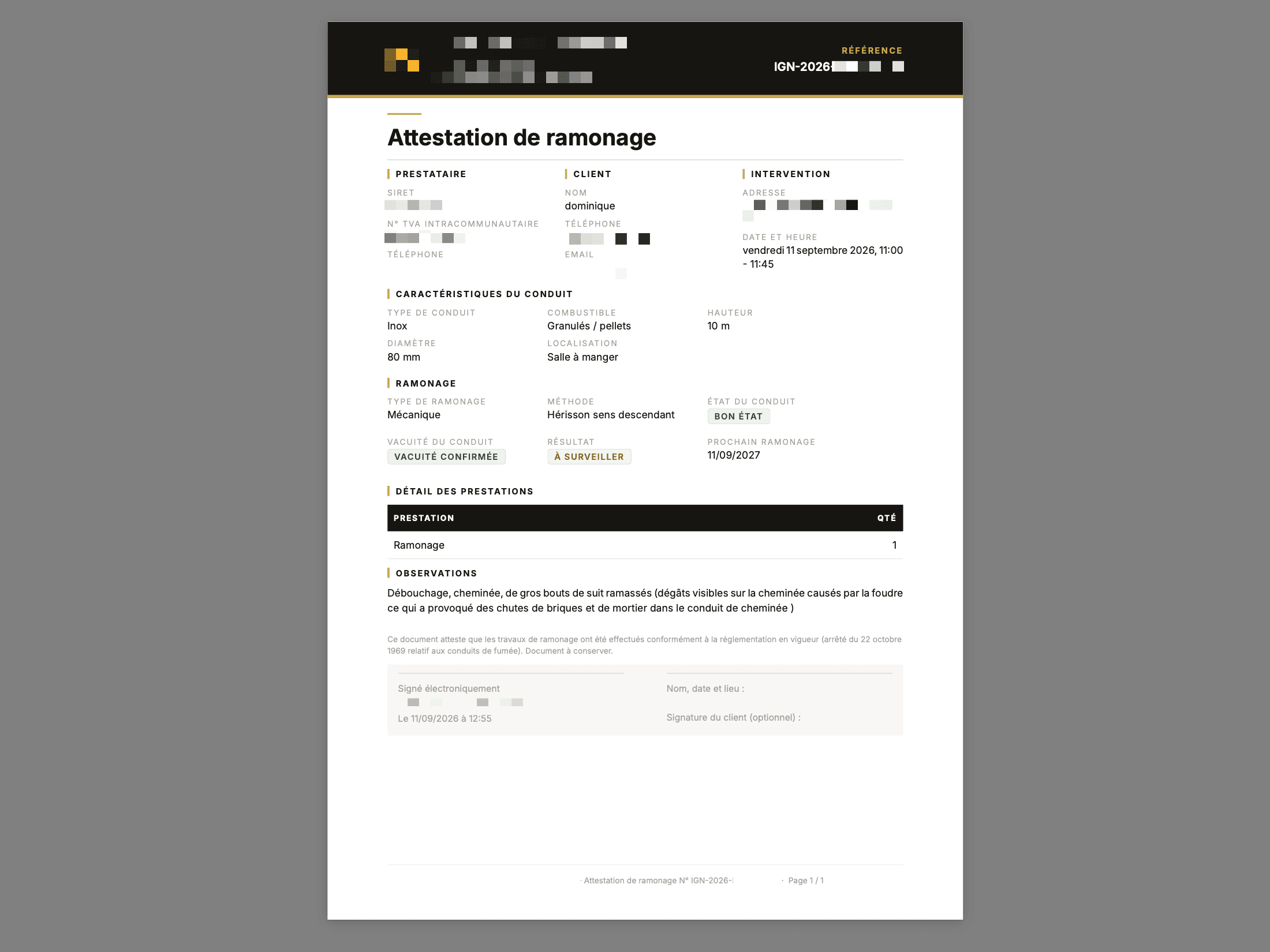 Attestation de ramonage générée automatiquement après l'intervention.