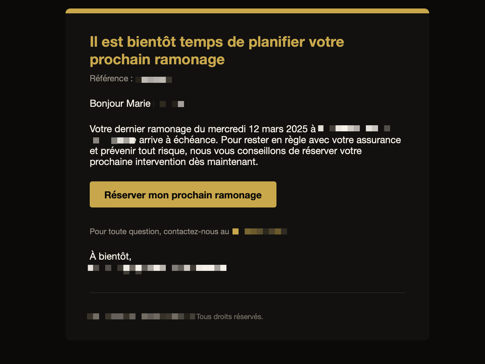 Message de relance envoyé un an après le dernier ramonage.